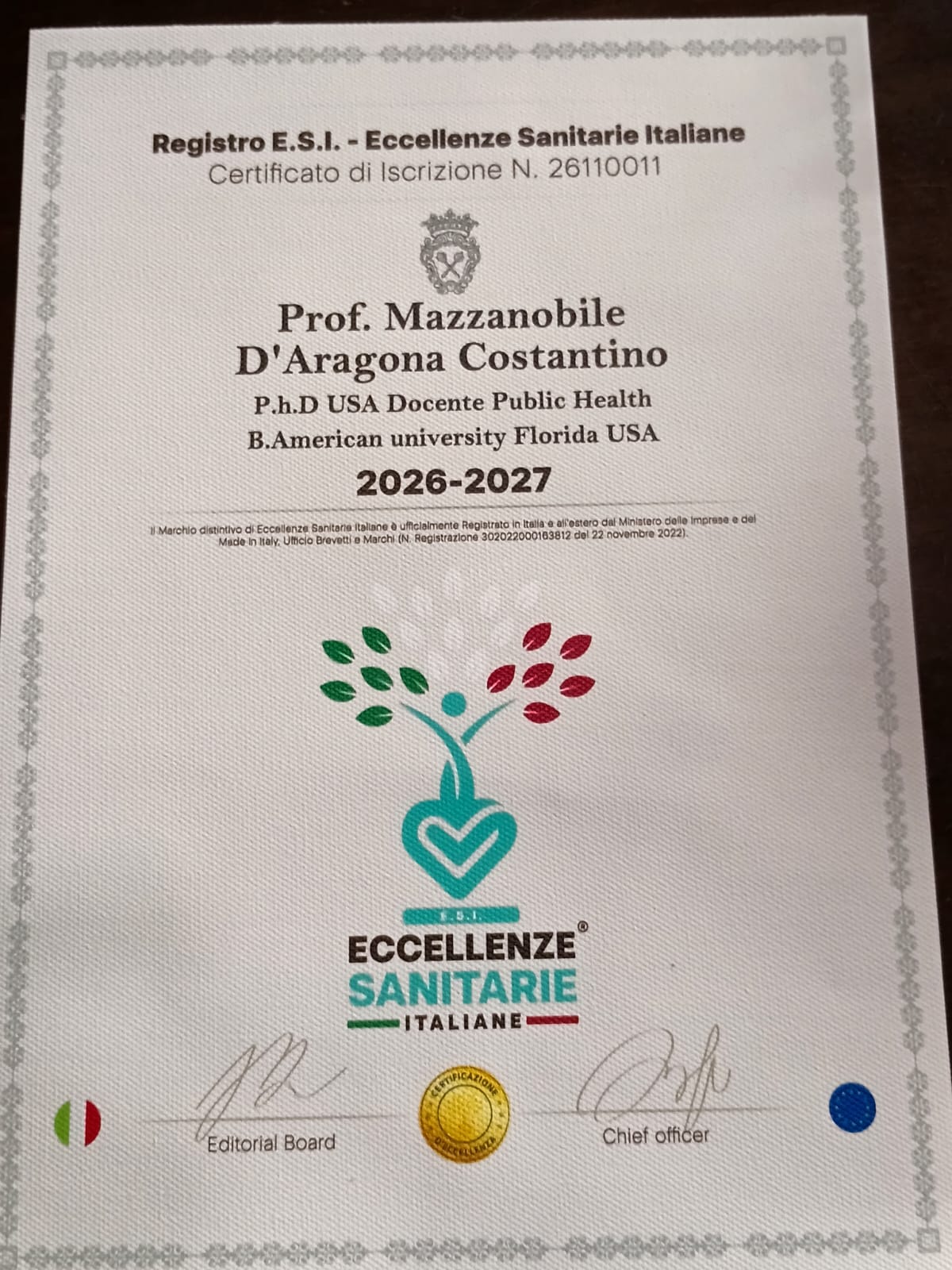 Certificato di iscrizione al Registro E.S.I. — Eccellenze Sanitarie Italiane