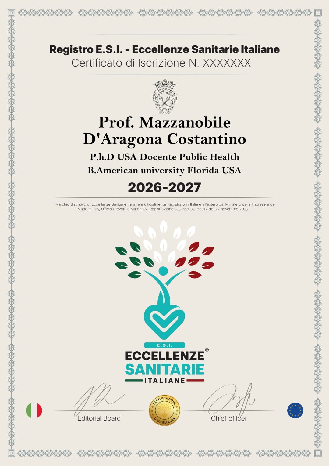 Certificato di iscrizione al Registro E.S.I. — Eccellenze Sanitarie Italiane